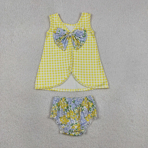 New Girls Casual Boutique 2 Piece Summer Outfits Clothes Gingham Sleeveless Top and Floral Bloomer Set with <b>Big</b> <b>Bow</b> - Product Image 3