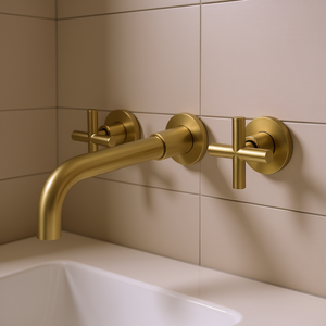 Rubinetto per Lavabo da Bagno a Parete in Oro, Design Minimalista, Finitura Lucida, Uscita Singola Senza Deviatore - Product Image 2