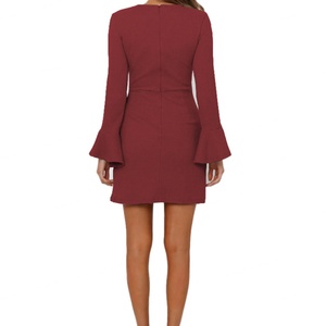 Custom Autumn <b>Winter</b> Women Solid Color Bowknot Mini Dress Wrap <b>Bell</b> Sleeves Ruffled Irregular Hem With Tie Belt Elegant Dresses - Product Image 5