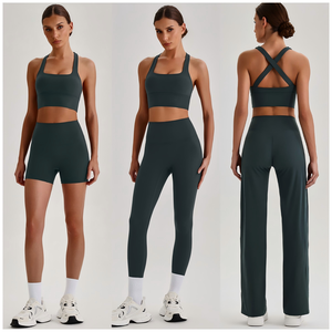 Großhandel Hochwertiges 4-teiliges Damen-Fitness-Set Rückenfreier Sport-BH Shorts Schnelltrocknend Atmungsaktiv Spandex/Nylon Elastischer Bund - Product Image 1