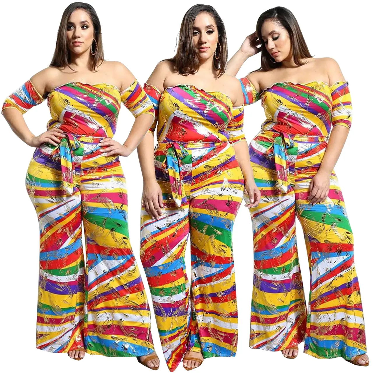 Ensemble deux pièces pour femmes, vêtement multicolore avec imprimé à rayures, à jambes larges, nouvelle mode 2020