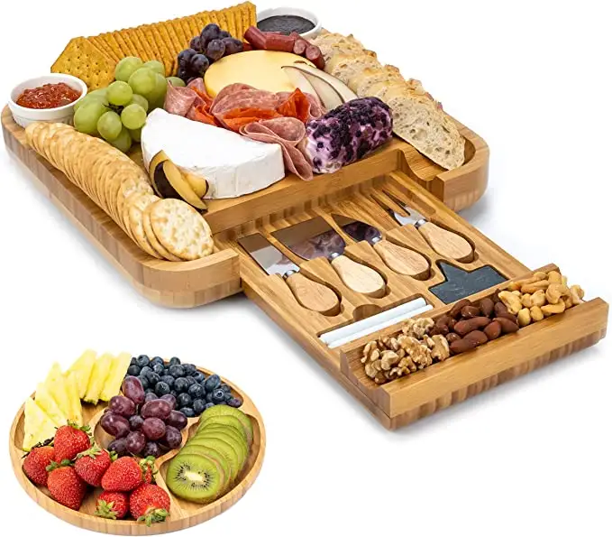 Factory price Bamboo Cheese Board Set Magnetic Slide-Out Drawers Charcuterie Plate Set With Ceramic Bowls And Cutlery Knife