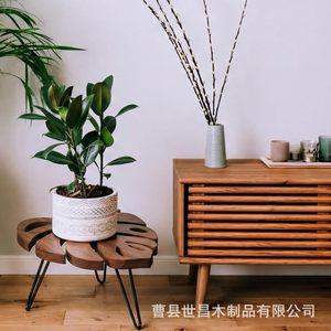 Solid Wood Bamboo Leaf <b>Plant</b> Stand Nordic Style Living Room Decorative Flower Pot Holder Dark Brown <b>Light</b> Brown Modern Storage - Product Image 3