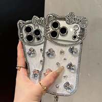 Coque de téléphone 3D chat dessin animé scintillant avec diamants, étui de protection en cristal pour iPhone 13 14 15 16 17 Pro Max avec bracelet