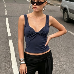 Casual Street Style Blue <b>Patchwork</b> Knitted Eco-Friendly Quick Dry Breathable Twist Front V Neck Bust Ruched Sporty Women's Tank - Product Image 4