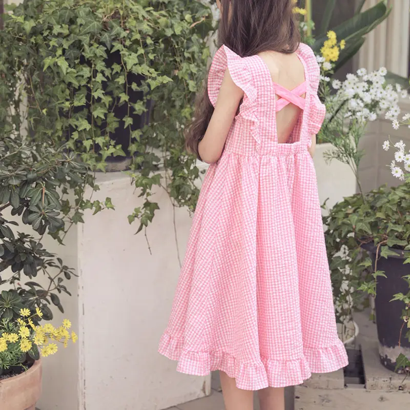 Girls Korean edition pink summer plaid halter dress children's wear cotton fly sleeve princess skirt style beach skirt