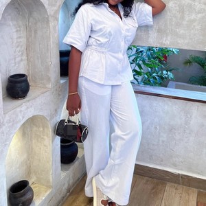 Women's Solid-Color Collared Short-Sleeve Cardigan Shirt & Casual <b>Pants</b> African 2-Piece Set Fashion - Product Image 5