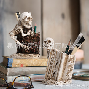 ที่ใส่ปากกาลายหัวกะโหลก งานฝีมือเรซิ่น อุปกรณ์ตกแต่งโต๊ะอเนกประสงค์ ของตกแต่งวันฮาโลวีน ที่เก็บของ - Product Image 4
