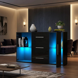 Buffet moderne noir brillant avec éclairage LED, 3 tiroirs, meuble de rangement pour salon, credenza - Product Image 5