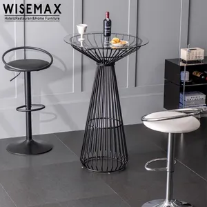 WISEMAX 가구 심플한 디자인 라운드 식탁 메탈 프레임 바 레스토랑 카페 숍 유리 탑 하이 바 테이블