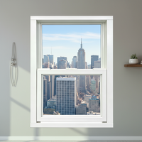 Fenêtre coulissante verticale moderne insonorisée avec moustiquaire intégrée, finition thermolaquée, pour cuisine d'appartement en immeuble de grande hauteur