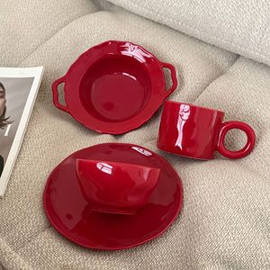 Modern Warm Red Ceramic Porcelain Tableware Set Western Dinnerware for Wedding Parties-JADE Brand Coffee <b>Cup</b> <b>Saucer</b> Dessert Dish - Product Image 2
