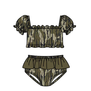 S0760 Maillot de bain personnalisé pour petite fille active, imprimé camouflage vert, vente en gros, ensemble 2 pièces à manches courtes - Product Image 1