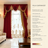 Rideaux en velours rouge royal Yun Zhu avec broderie dorée, draperies de palais, cantonnière et volants pour villa, manoir, hall – Ensemble de décoration de luxe