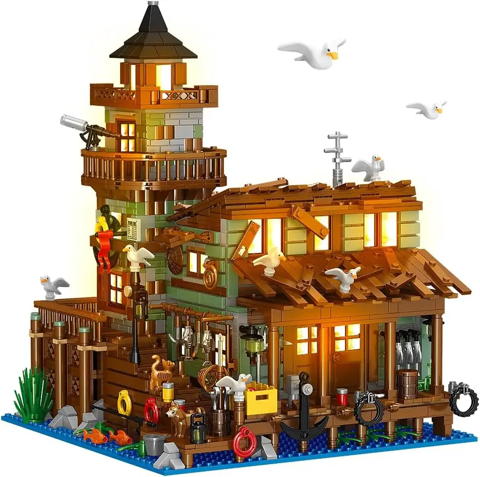 Zhegao 00981 bois cabine pêche Village magasin maison ensemble avec lumière LED Architecture créative tige jouets Kit ensembles de blocs de construction