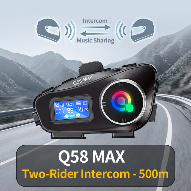 Motorcycle Intercom Headset Q58 Max, 2 Riders 500m Wireless Helmet Communication System IP65 FM Radio 25H Playtime Audio Mixing
