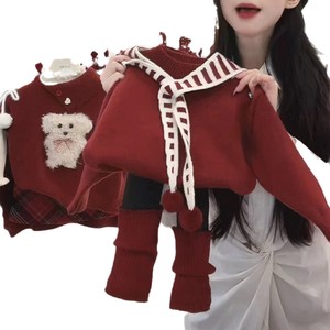 Girls Winter New Year Outfit Burgundy Knit Two Piece Set With Leggings Thickening Korean Style - Product Image 4