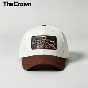 Casquette de baseball 5 panneaux avec logo personnalisé, patch tissé, bicolore crème et marron, visière incurvée, vente en gros, usine - Product Image 3