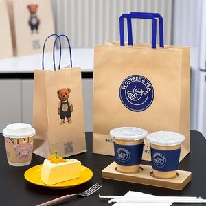 Sacs à café en papier kraft biodégradable écologiques avec logo personnalisé, à emporter, avec poignées plates, pour café, lait, thé, boulangerie - Product Image 1