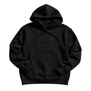 Sweat-shirt à capuche noir pour homme avec imprimé chat de dessin animé, coupe classique, en molleton de coton, décontracté, écologique, avec poche - Product Image 1