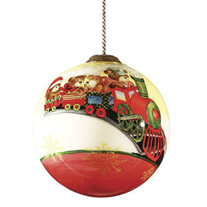 Ornamento di vetro soffiato a bocca dipinto a mano orsacchiotto sul trenino per la palla di natale e le decorazioni dell'albero - Product Image 1