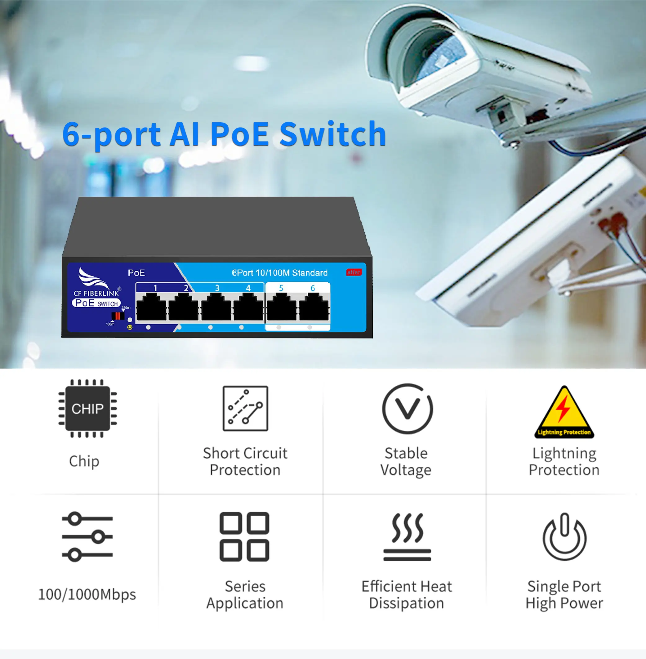 مفتاح شبكة PoE بعدد 6 منافذ RJ45 4 100M مع تقنية إيثرنت إخراج تيار مباشر ومتابعة وظيفة SNMP مفاتيح شبكات