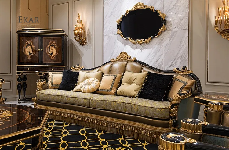 奢华意大利风格客厅家具巴洛克座椅真皮沙发手工木雕皇家经典沙发套装