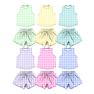 GSSO3474 Custom active girl light green plaid print outfits kids wholesale girl yoga child <b>Athletic</b> summer shorts sleeve set - Product Image 1