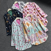 Expédition rapide, robe de pyjama décontractée en coton brossé 100%, dessin animé respirant, col rabattu, boutons, manches longues, flanelle pour femmes