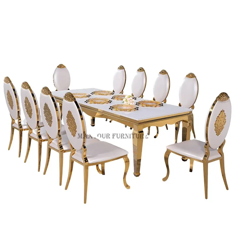Mesa de casamento, 8 para 10 pessoas, preto, vidro temperado, ouro, aço inoxidável