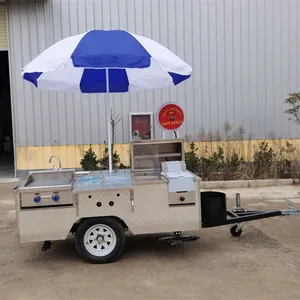 Carrito móvil para perritos calientes al aire libre, carrito pequeño de comida inoxidable de estilo abierto para soporte de cocina comercial para perritos calientes