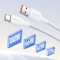 Cable de Carga USB-C SAMZHE de 1.5m, 100W, 6A, Carga Súper Rápida, Cable de Datos Trenzado Blanco para iPhone, iPad, Samsung, Xiaomi, Honor