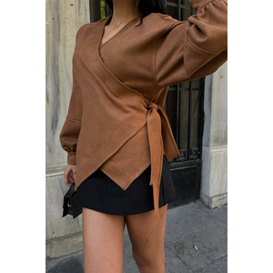 Chemise enveloppante en daim brun pour femmes, broderie florale en soie et mousseline, coupe ample, taille XL, pour le bureau ou les soirées - Product Image 4