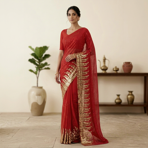 Indian Bollywood Best Selling Embroidery Heavy Dual Sequins Fancy Red Party Wear Look Saree Most Trendy Export Sexy <b>Blouse</b> <b>Sari</b> - Product Image 1