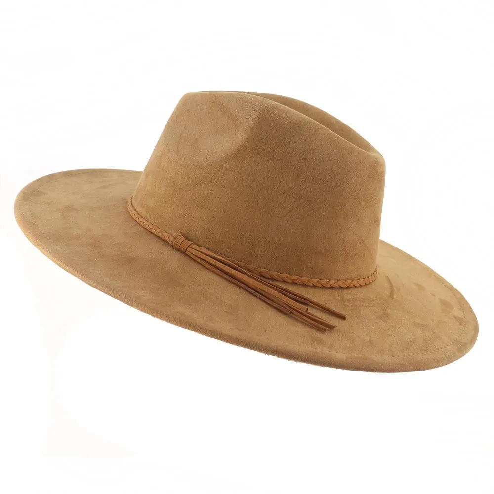 2023 Atacado Moda Clássico Sombrero Flat Wide Brim Felt Hat Vegan Camurça Fedora Chapéu para Homens Mulheres Jazz Panamá Outono Inverno