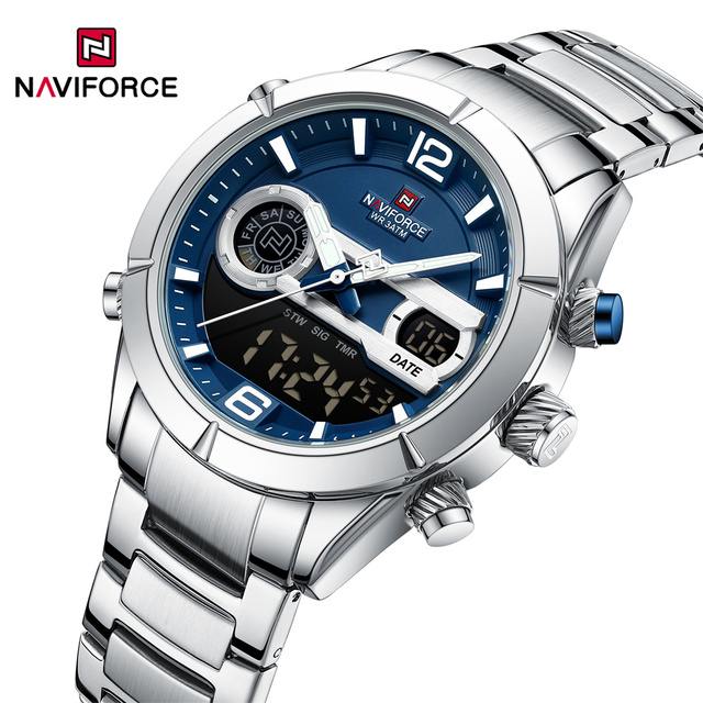 NAVIFORCE 9232 SBES Blue Large Dial Stainless Steel Quartz Analog Watch for Men LCD Digital Wrist Watch Men Luminous Hands Clock