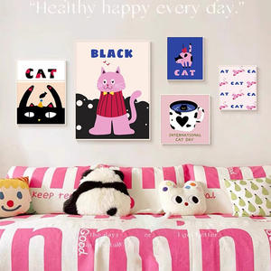 Tela moderna cornice decorativa arte della parete per la camera dei bambini divano sfondo a pois gatto pittura dei cartoni animati - Product Image 5