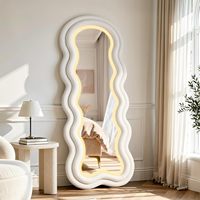 Miroir décoratif moderne ondulé pleine longueur, irrégulier, avec éclairage 3 couleurs réglable, anti-explosion, cadre de luxe en velours Teddy