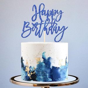 1 pièce de décoration de gâteau d'anniversaire à paillettes pour célébrer un anniversaire, thème fête, fournitures de décoration de gâteau, bleu foncé - Product Image 1