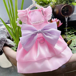 Pet Princess Dress Pink Shimmering Tutu Skirt <b>Summer</b> <b>Decorative</b> Bow Flutter Sleeves For Cat Bichon Frise Maltese - Product Image 4