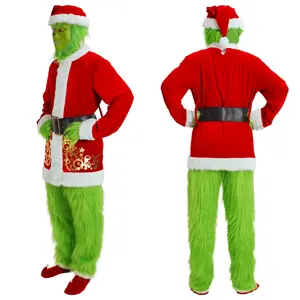 7PCS Furry Green Monster Christmas Costume For Men Santa Suit For Halloween Outfit Holiday Cosplay Party