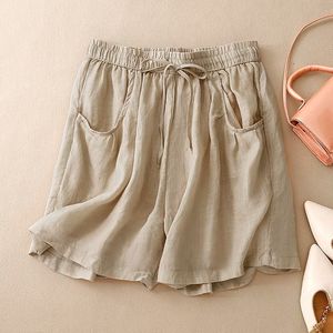 Women's Cotton Linen Shorts <b>Elastic</b> Waist Loose Fit With Pockets Casual Summer Wear Khaki - Product Image 1