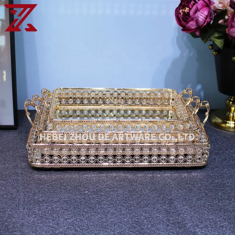 Современный хрустальный полый Золотой металлический квадратный сервировочный стеклянный зеркальный поднос для свадебного домашнего декора