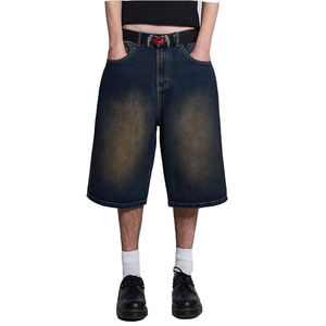 Shorts en jean vintage à jambe large pour homme, taille mi-haute, coupe droite, style streetwear, avec broderie de logo personnalisé et délavage acide - Product Image 4