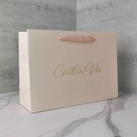 Sac shopping en papier mat personnalisé avec logo imprimé en feuille d'or, ruban satiné rose plat, poignée de luxe, emballage cadeau boutique