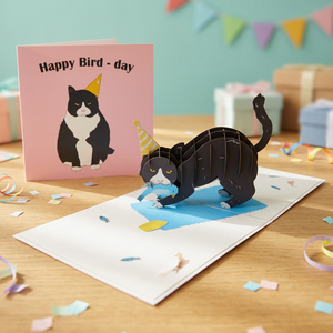 Carte 3D pop-up chat avec chapeau de fête et oiseau, carte de vœux en papier artisanal pour la décoration de la maison - Product Image 3