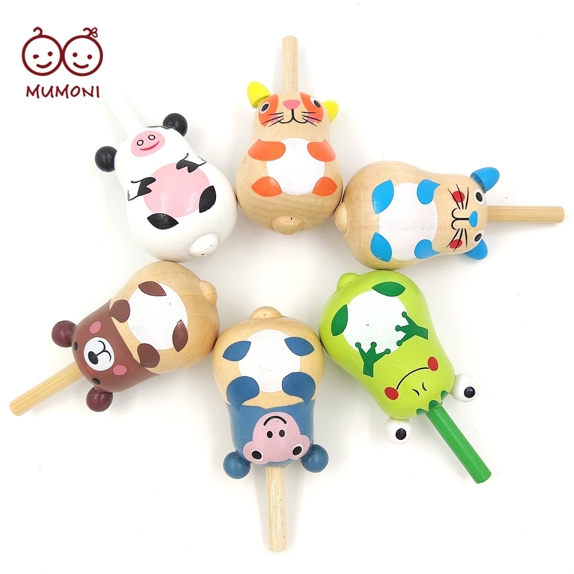 Горячие продажи лягушка крупного рогатого скота прядильный механизм мультфильм Деревянный гироскоп игрушки 6 видов стилей деревянный прядильный механизм