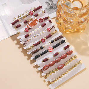Fashion <b>Beaded</b> <b>Bracelet</b> Set Red White Gold Football Theme Unisex Gift Jewelry - Product Image 4
