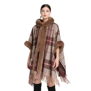时尚冬季女性格子仿皮草斗篷斗篷兔毛连帽雨披开衫