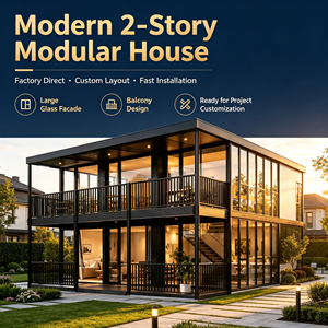 Casa Modular Moderna de 2 Pisos con Estructura de Acero, Gran Fachada de Vidrio, Diseño de Balcón, Directo de Fábrica, Instalación Rápida, Uso como Villa - Product Image 1
